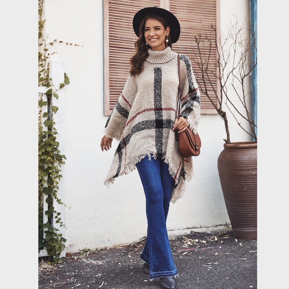 Plaid Beige Turtleneck Poncho - Picture 4 of 11